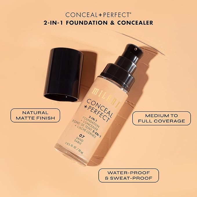 Milani Conceal + Perfect 2-in-1ファンデーション + コンシーラー 完璧な肌へ - 目の下のクマ補正、赤みや欠点をカバー、ウォータープルーフ＆汗に強い - 13-チェストナッツ