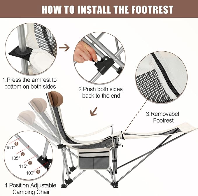 Colingmill 2 Pcs 2 in 1 Reclining Camping Chair with Footrest for Adults Folding Lounger Mesh Beach Chair Adjustable Backrest Lightweight Lawn Chairs for Camping Tailgates Outdoor Beach(Beige)