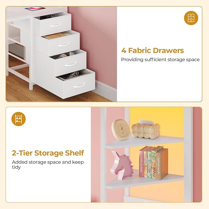 ADORNEVE Bunk Bed with Desk, Full Over Full Bunk Beds with Charging Station & Led Lights, 4 Storage Drawers & 2 Open Storage Shelves, Metal Loft Bed with Safety Guardrail & Ladder for Kids/Teen, White