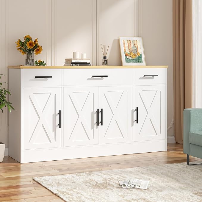 Vongrasig Large Coffee Bar Cabinet with Storage, 53” Farmhouse Kitchen Storage Cabinet with 4 Doors and 3 Drawers, Wood Buffet Table for Kitchen, Dining Room, White