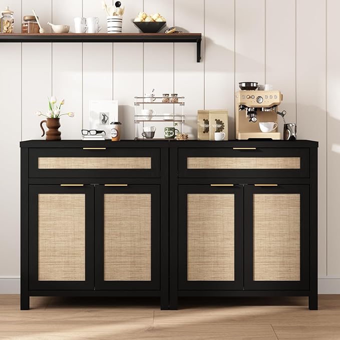 HOKYHOKY Rattan Sideboard Buffet Cabinet Set of 2, Boho Storage Cabinet with Adjustable Shelves, Farmhouse Credenza Coffee Bar Table with Doors & Drawer for Living Room, Hallway & Kitchen, Black