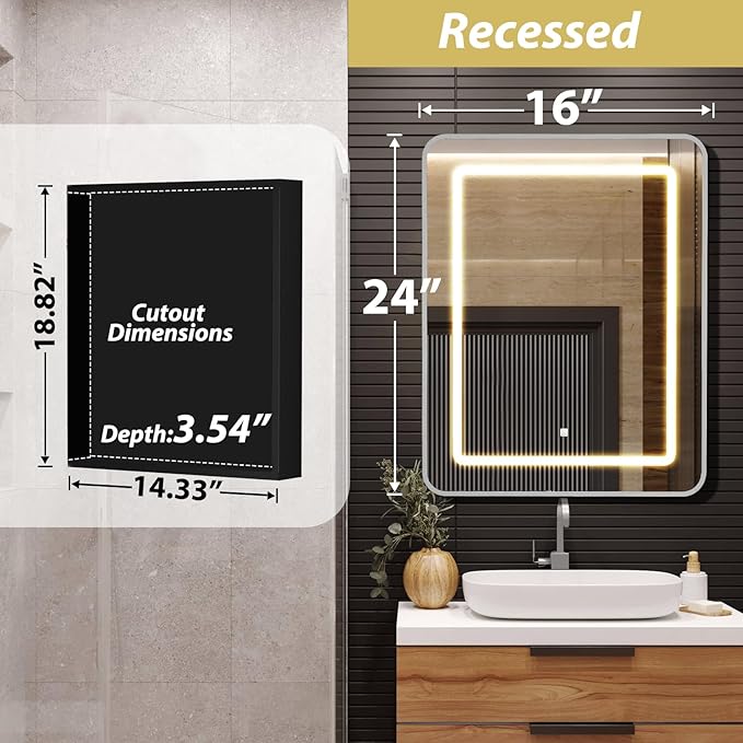 APRILSOUL 16x24 Inch Lighted Bathroom Medicine Cabinet with Mirror, Silver Recessed or Surface Mount Medicine Cabinet Mirror with Storage and LED Lights, 3 Colors Temperature, Dimmable Light