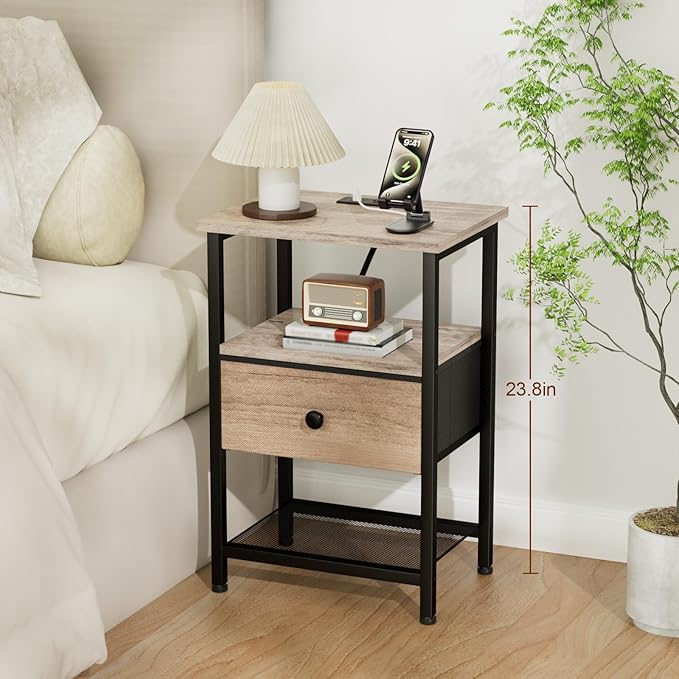 LOAKEKEL Night Stand, Nightstand with Charging Station, Slim Industrial Bedside Table with Fabric Drawer, Small End Table with USB & Type-C Ports for Bedroom, Grey, HETS010GY-1