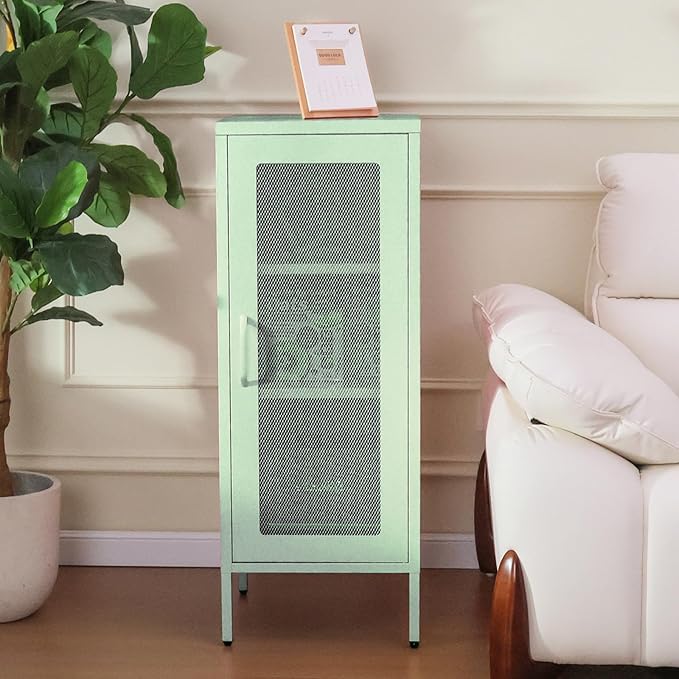 Slim Metal Storage Cabinet with Mesh Doors - 42'' Tall Narrow Organizer Tower, Compact Freestanding Cabinet, Versatile Utility Storage for Home, Office, Kitchen, Living Room, Durable and Modern Design