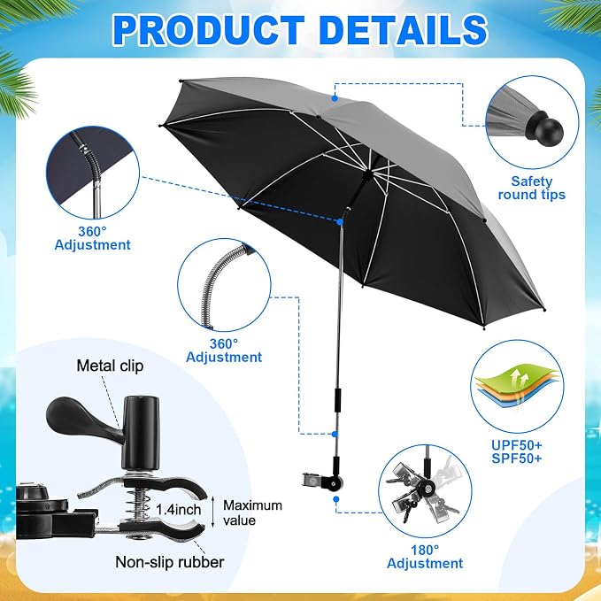 Yuntau 2 Set Reclining Beach Chairs with UPF 50+ Umbrellas Shade, Upgraded Heavy Duty Portable Folding Lounge Camping Chair with Canopy Removable Footrest & Headrest for Outdoor Patio(Grey,Blue)