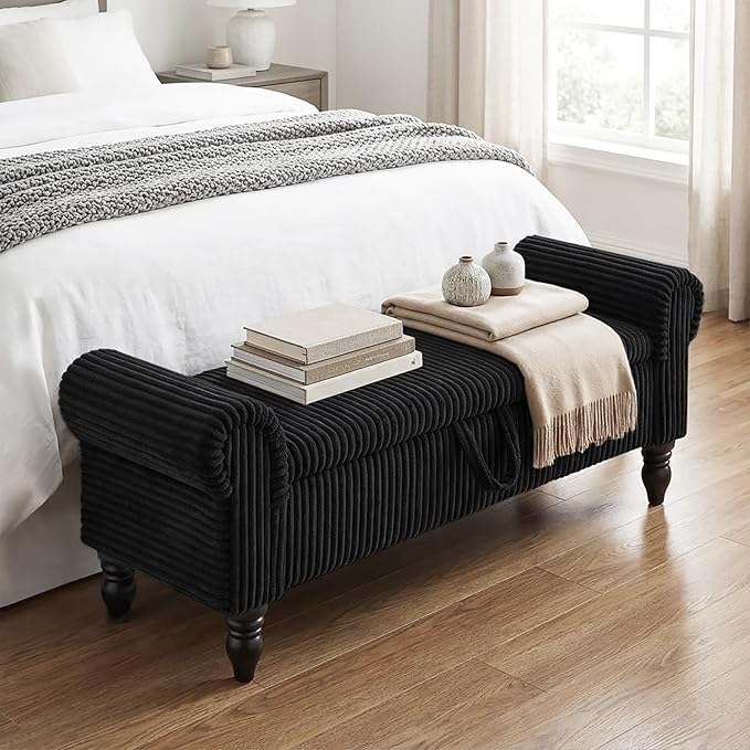 Storage Bedroom Bench for End of Bed, Storage Ottoman with Rolled Arms for Bedroom, Living Room, Entryway (Black)