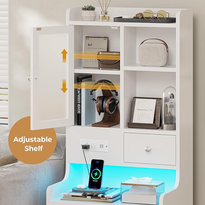 ADORNEVE White Nightstand Set of 2 with Charging Station,49.2" LED Night Stand for Bedroom,Tall Bedside Table with Bookshelf and Drawers,Side Tables Bedroom