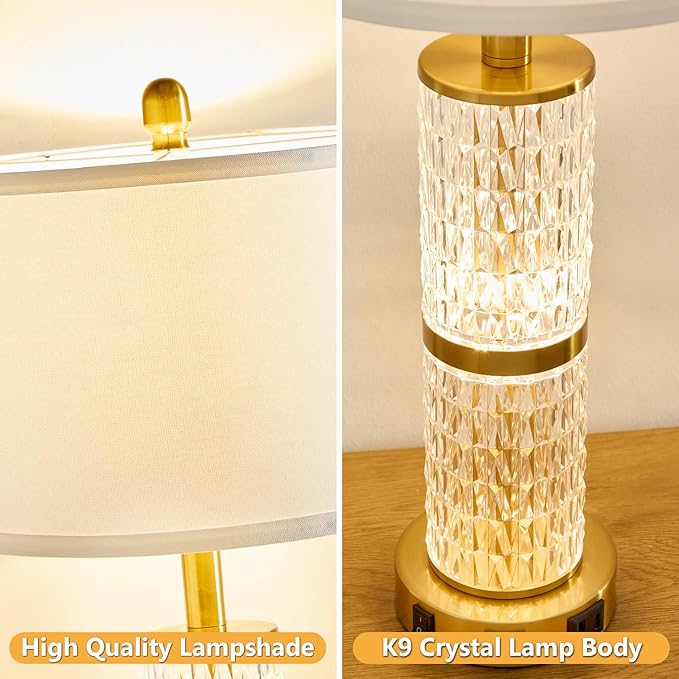 SAIWEYA Crystal Table Lamps Modern 3-Way Dimmable Bedside Lamp with 2 USB Ports & AC Outlets for Living Room Bedroom Nightstand Lamp Night Light