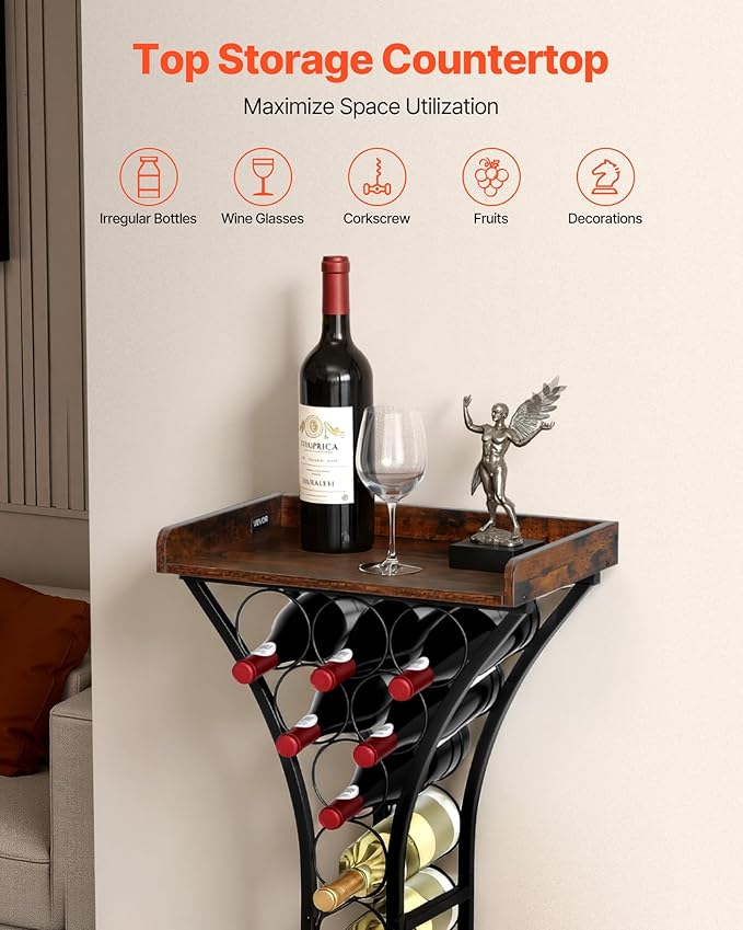 VEVOR 15 Bottle Wine Rack,Iron Freestanding Floor Wine Holder, Mini Bar Stand Liquor Cabinet with Wood Tabletop, for Home Bar,Kitchen,Living Room,Dining Room,16.9''L X 11.4''W X 35.2''H