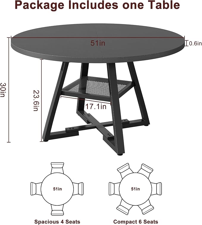 Jocoevol 51'' Round Dining Table,Kitchen Dining Room Circle Dinner Pedestal Table,Space Saving Wood Kitchen & Dining Room Furniture (Black, 51In)