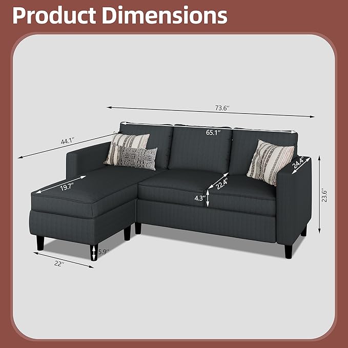 Nuturelly Convertible Sectional Sofa Couch with Movable Ottoman, 3-Seater Modern L-Shaped Sofa for Small Spaces, Soft Fabric Couch for Living Room, Small Apartment & Office(Gray)