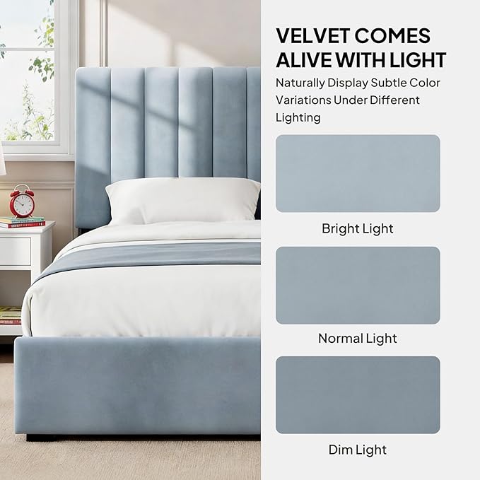 Welzona Full Size Bed Frame with Headboard, Velvet Fully Upholstered Metal Platform Bed with Vertical Channel Tufted Headboard, 3-Level Height, Under-Bed Storage, Metal Support, Easy Assembly, Blue