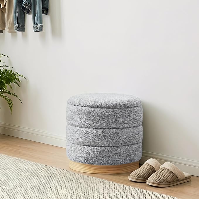 Round Storage Ottoman with Reversible Tray Lid, Folding Chenille Fabric Footrest with Hidden Storage, 15.4" Footstool for Small Spaces Living Room Bedroom, Wood Grain Base, Sliver Grey