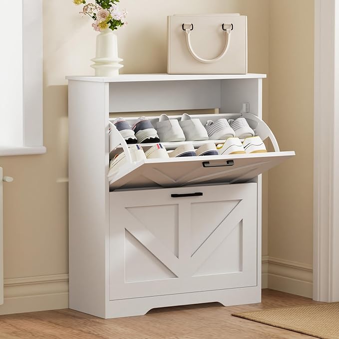 Homleke Farmhouse Shoe Cabinet for Entryway with 2 Barn-Style Flip Drawers, Narrow Shoe Storage Organizer with Top Display Shelf, Adjustable Shelves, Shoe Rack for Hallway, Closet- (White, 24" Wide)