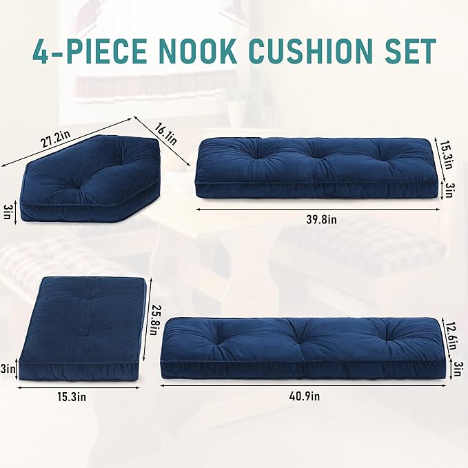 BALAPET Breakfast Nook Cushions Set 4 Piece Cushion Pad Set for Kitchen Breakfast Dining Nook,Shredded Foam Support Fits in Sets with Corner Benches, Mid Century Modern Small Dining Table Sets(Blue)