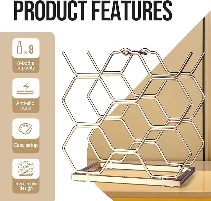 Small Wine Racks Countertop (8 Bottle Capacity),Metal Wine Bottle Holder Modern Gold for Home Kitchen Bar,Tabletop Wine Rack for Cabinet, Pantry, Wine Bottle Storage
