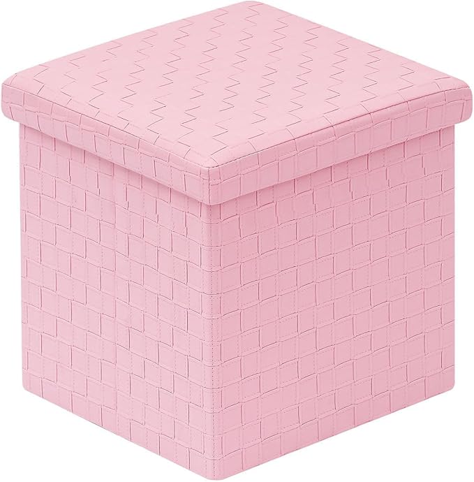 B FSOBEIIALEO Storage Ottoman, Faux Leather Footrest Seat, Ottoman with Storage Cube, Storage Box 15"x15"x15" (Pink, Medium)