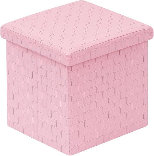 B FSOBEIIALEO Storage Ottoman, Faux Leather Footrest Seat, Ottoman with Storage Cube, Storage Box 15"x15"x15" (Pink, Medium)