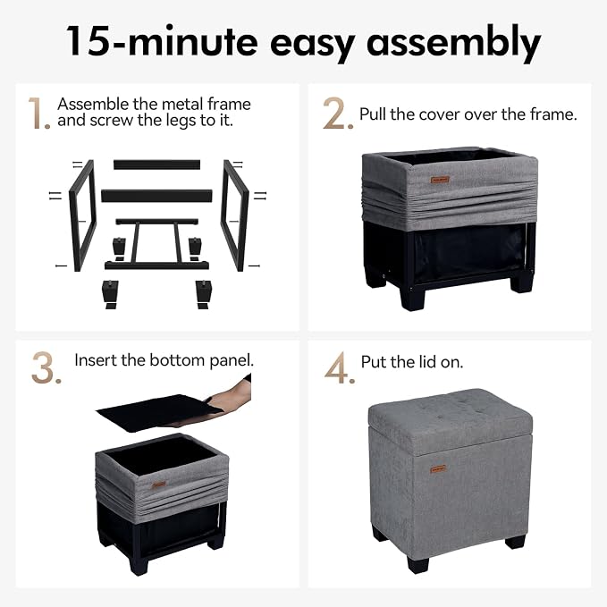 ABHENG Chenille Metal Framed Storage Ottoman,12.2" D x 16.1" W x 17.7" H Tufted Upholstered Ottoman with Storage,Foot Rest Stool with Legs,Holds 770 LB for Dorm Living Room Bedroom Gray UASND70G