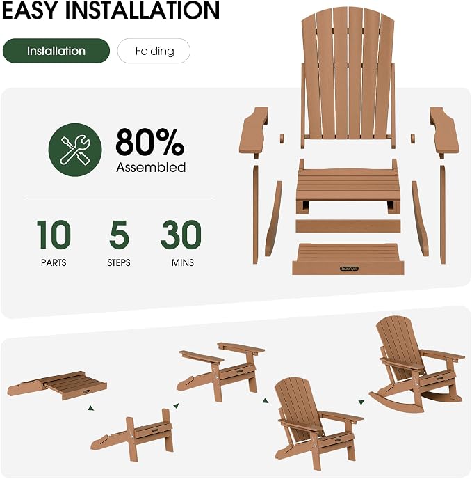 Adjustable Adirondack Rocking Chair Set of 4 with Retractable Ottoman Footrest, 4-in-1 Foldable HDPE Outdoor Rocker, Weather Resistant Adirondack Chair for Porch, Garden & Poolside, Teak