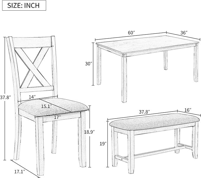 Merax 6-Piece Wooden Kitchen Dining Table Set with 4 Fabric Chairs and Bench, Family Furniture, Natural Cherry