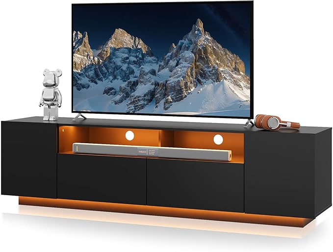 WLIVE LED TV Stand with Large Storage Cabinet, Modern Entertainment Center for 55/60/65/70/75 Inch TVs, Sturdy TV Console for Living Room, Bedroom,Rec Room(Black)