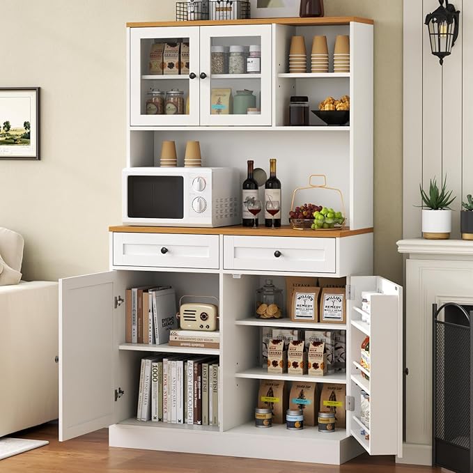 Tall Pantry Cabinet, Modern Kitchen Hutch with Microwave Stand, Kitchen Pantry Storage Cabinet with 2 Darwers & Door Shelf, Food Pantry with Glass Doors & Adjustable Shelves for Dining Room, White