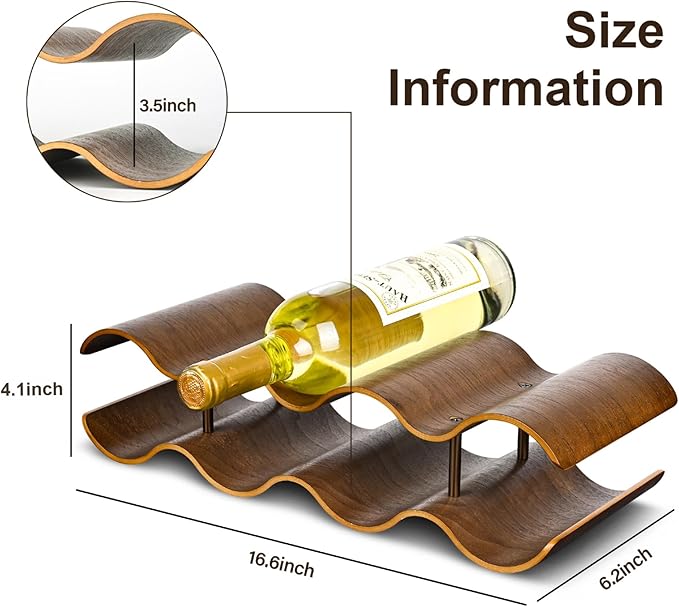 Countertop Wine Rack - 7 Bottle Freestanding Wine Bottle Holder Stand - 2 Tier Wooden Wine Storage Rack - Walnut Wavy Wine Organizer for Cabinet Pantry Home Kitchen Bar