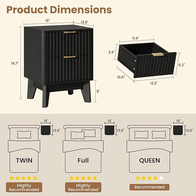 Fluted Nightstand,Modern End Table with Metal Handle,2 Storage Drawers Side Table,Bedside Table for Bedroom,Wood Nightstands,Curved Profile Design Furnitue,Black