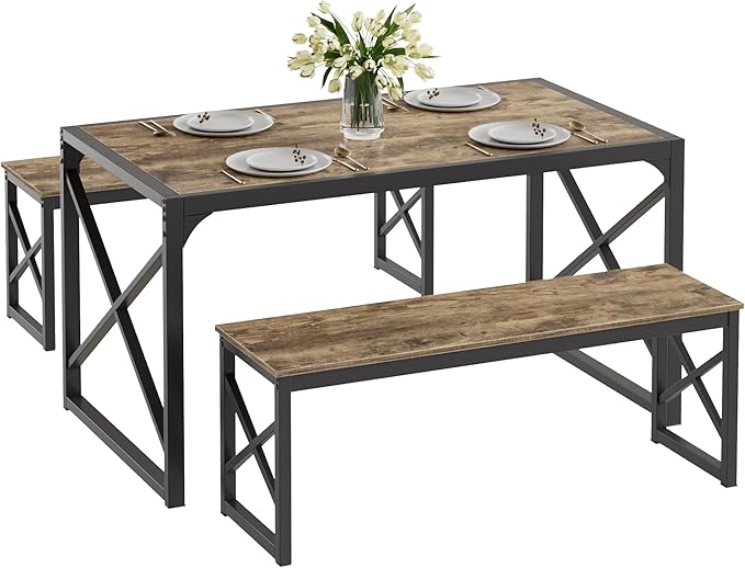 VECELO 55” Kitchen Dining Table Set for 4, Heavy-Duty Steel Frame & Wood-Grain Tabletop, Space-Saving Dinette Sets with 2 Benches for Breakfast Nook and Small Space, Grey