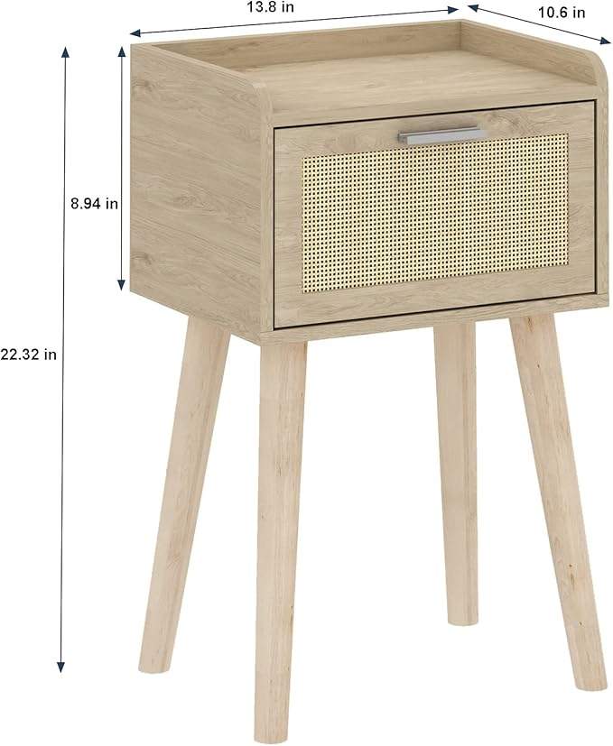LAATOOREE Nightstand Set of 2, Small Bedside Table, End Table with Rattan Door, Boho Side Table with Solid Wood Legs for Bedroom Living Room Small Space