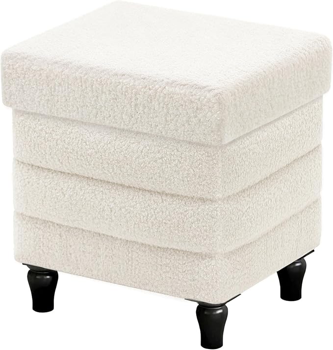 CAROLMADE Folding Storage Ottoman Cube Sherpa Footstool with Wood Legs Ottoman Footrest for Living Room and Bedroom, White 15"x12.6"x15.4"