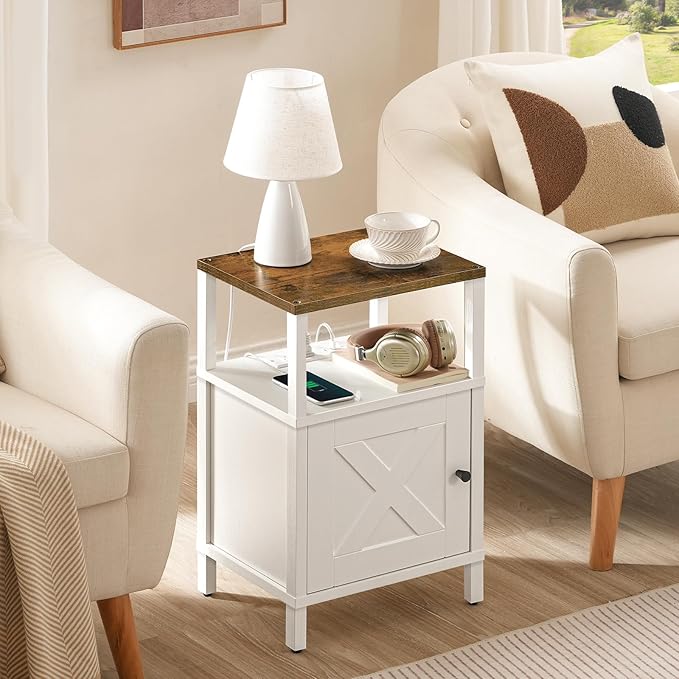 MAHANCRIS Farmhouse Nightstand with Charging Station, White Night Stand End Table with USB, Bedside Table with Storage Cabinet, Modern Side Table for Bedroom, Small Space, Rustic Brown ETRW96E01