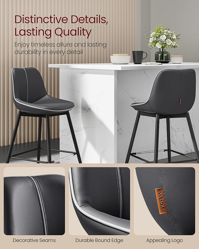 VASAGLE Bar Stools Set of 4, Counter Height Bar Stools with Back, Ergonomic Backrest, Synthetic Leather, Metal Legs, 24.8-Inch Tall Barstools for Kitchen Island Home Bar, Easy Assembly, Ink Black