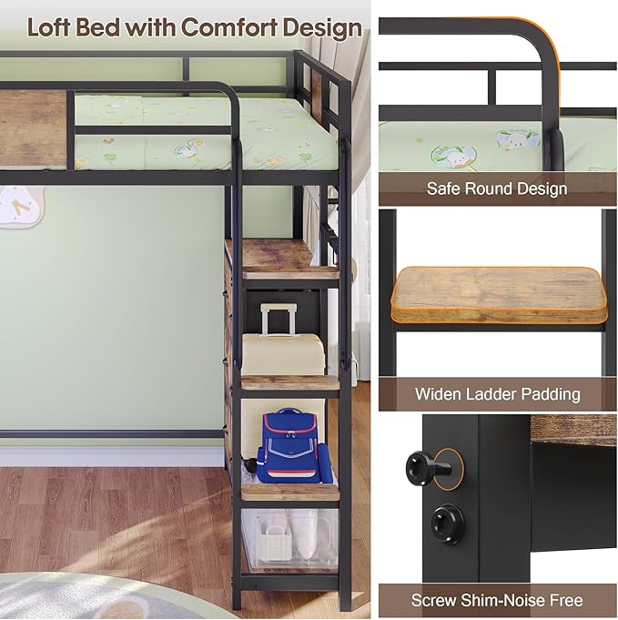 Dnxao Twin Loft Bed with Desk, Twin Bed Frame with 6 Storage Drawers, 2 Bedside Organizer,3 Movable Hooks,LED Lights & Charging Station,Bunk Bed with Desk, Clothes Rack,Safety Guardrail,Rustic Brown