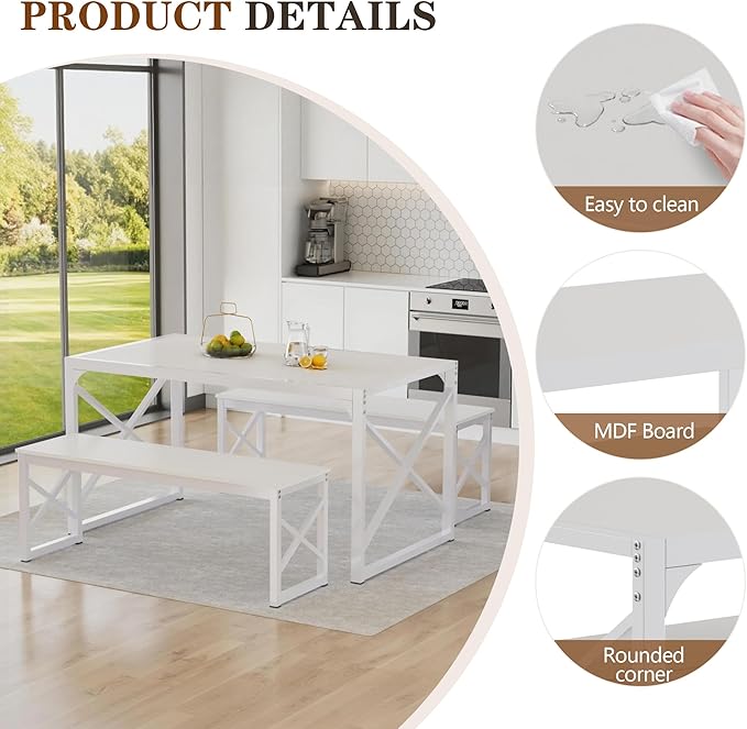 VECELO 55” Kitchen Dining Table Set for 4, Heavy-Duty Steel Frame & Wood-Grain Tabletop, Space-Saving Dinette Sets with 2 Benches for Breakfast Nook and Small Space, White