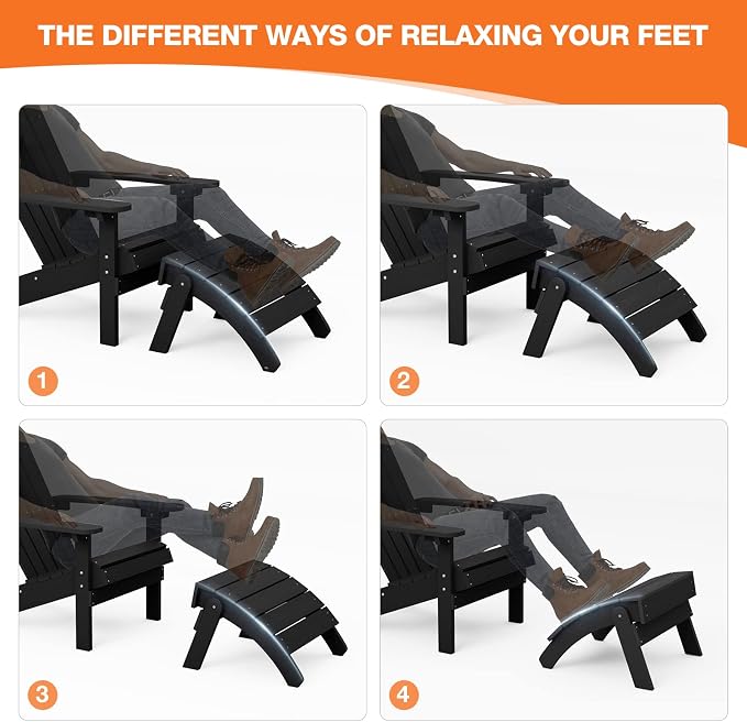 YEFU Adirondack Ottoman, Patio Foot Rest, Adirondack Foot Rest, Folding Adirondack Footstool, Weather Resistant for Adirondack Chair, Widely Used for Outdoor, Porch, Backyard, Garden, Fire Pits-Black