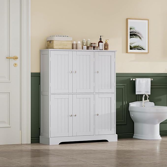 ChooChoo Bathroom Floor Cabinet, Modern Bathroom Storage Cabinet with 6 Doors and Adjustable Shelves, Freestanding Cupboard for Living Room, White