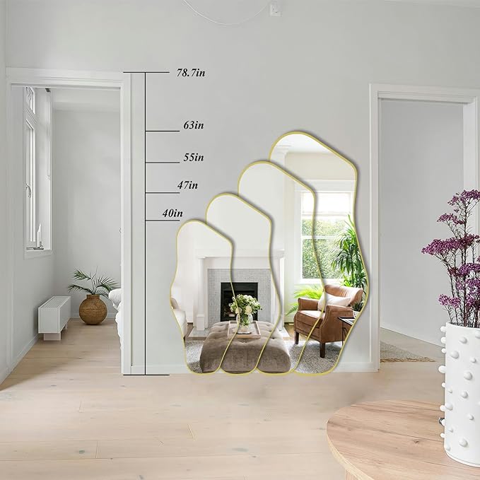 Large Irregular Mirror, 55"x25.6" Asymmetrical Aesthetic Mirror with Gold Metal Frame, Modern Organic Mirrors for Living Room Bedroom Hallway Entryway, Horizontal or Vertical Hanging