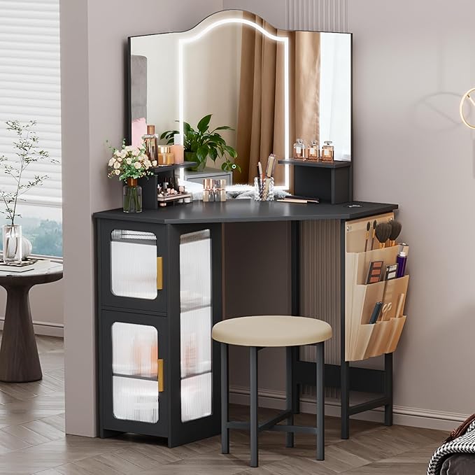 LVSOMT Corner Vanity Desk with Mirror and Lights, Makeup Vanity with Charging Station, Dressing Table with 3 Lighting Options, Vanity Set with Stool, Women’s Vanity for Bedroom, Black