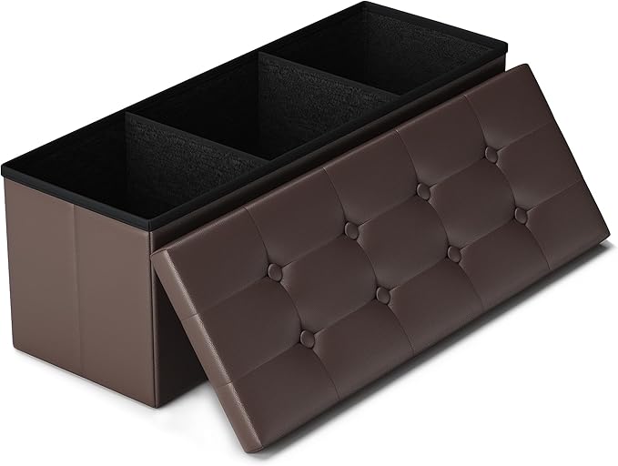 LITZFUR 43 Inches Folding Storage Ottoman Bench, PU Leather Storage Chest, Footrest Padded Seat for Bedroom and Hallway, Holds up to 660 lbs, Brown