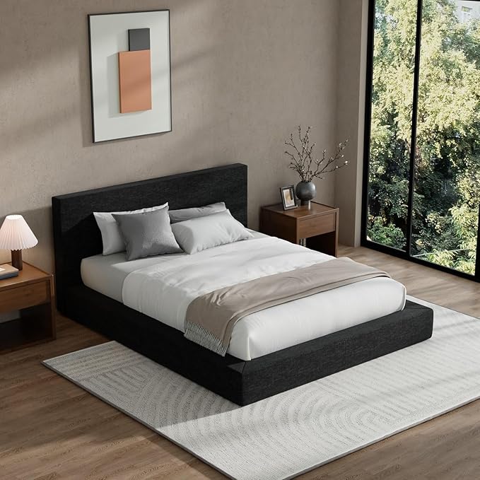 RECCI AirFrame Full Size Bed Frame with Headboard, Cloud Upholstered Platform Bed Frame, 5 Inch Foam Cushioned, No Box Spring, Easy Assembly (Onyx Black)