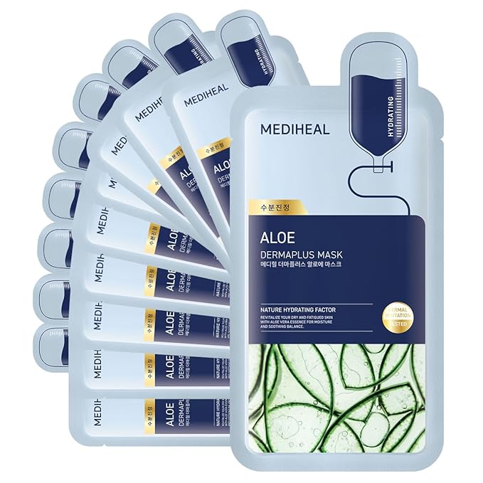 Mediheal Dermaplus Aloe Mask (10 Counts) - Daily Vegan Mask for Hydrating Skin with Panthenol & Hyaluron, Korean Self Skin Care Sheet Mask