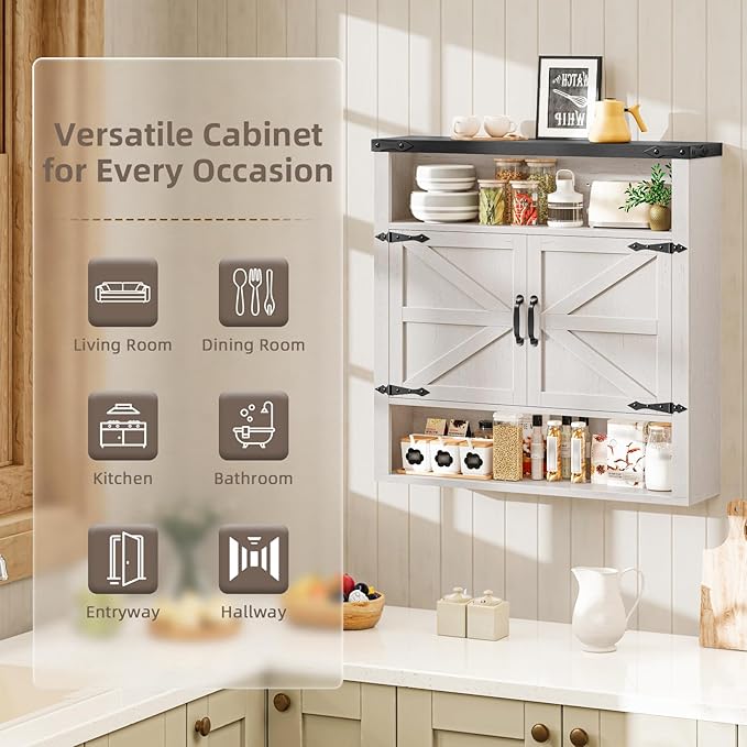 Bathroom Wall Cabinet, Farmhouse Medicine Cabinet with Adjustable Shelves and 2 Barn Doors, Wall Mounted Over the Toilet Storage Cabinet for Bathroom, Laundry Room, Kitchen, Rustic White and Black
