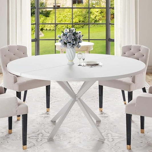 47.24" Round Dining Table for 4-6 Person, Round Kitchen Table with Wood Top, Circle Dinner Pedestal Tables with Metal Legs for Dining Room Kitchen (White)