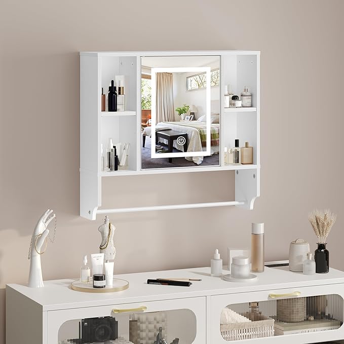 MAHANCRIS Bathroom Wall Cabinet with Mirror, Wall Mounted Medicine Cabinet with Color Adjustment LED Lights, Mirrored Over The Toilet Storage Cabinet with Adjustable Shelves, 23.6''W x 21.6''H, White