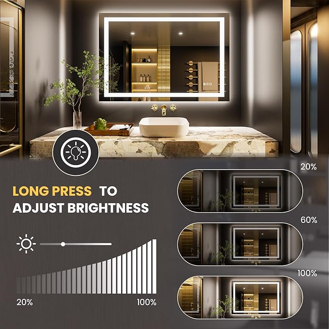 LOAAO 48"x24" LED Bathroom Mirror with Lights, Anti-Fog, Dimmable, Backlit + Front Lit, Lighted Bathroom Vanity Mirror for Wall, Memory Function