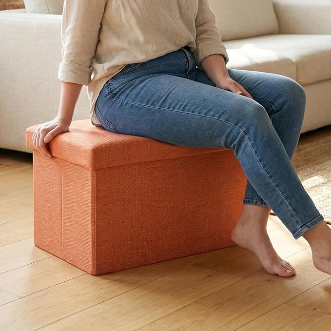 HOZEON 3 Pack 15.7 x 9.8 x 9.8 Inches Folding Storage Ottoman, Orange Rectangle Footrest Seat, Multifunctional Foot Stool for Living Room, Office, Traveling, Fishing, Camping