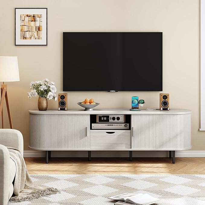 ONBRILL 69" TV Stand with Power Outlet for TVs up to 80", Entertainment Center with Storage and Drawer, TV Console with Adjustable Shelves and Sliding Door, TV Stand for Living Room, Natural White