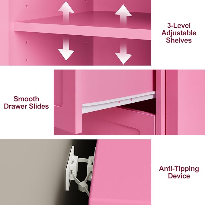RoyalCraft 83" Makeup Vanity Desk, Pink Vanity Dresser, L Shaped Corner Vanity Table with 3 Drawer & 2 Door, Modern Extendable Dressing Table for Bedroom, Dressing Room, Small Space (Without Mirror)